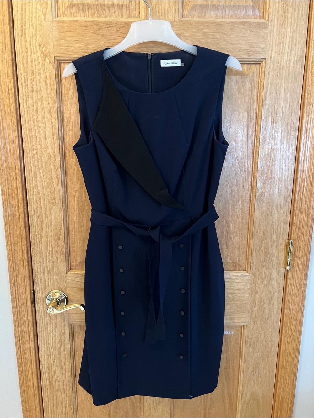 Calvin Klein Navy Sleeveless Belted Sheath Dress with Contrast Trim
